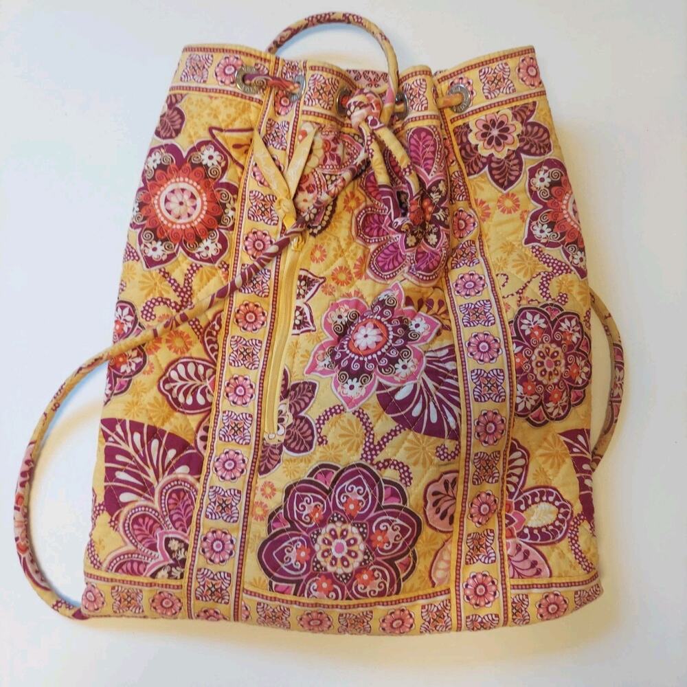 Vera Bradley Cinch String Backpack Yellow Boho Floral Bali Gold Retired‎